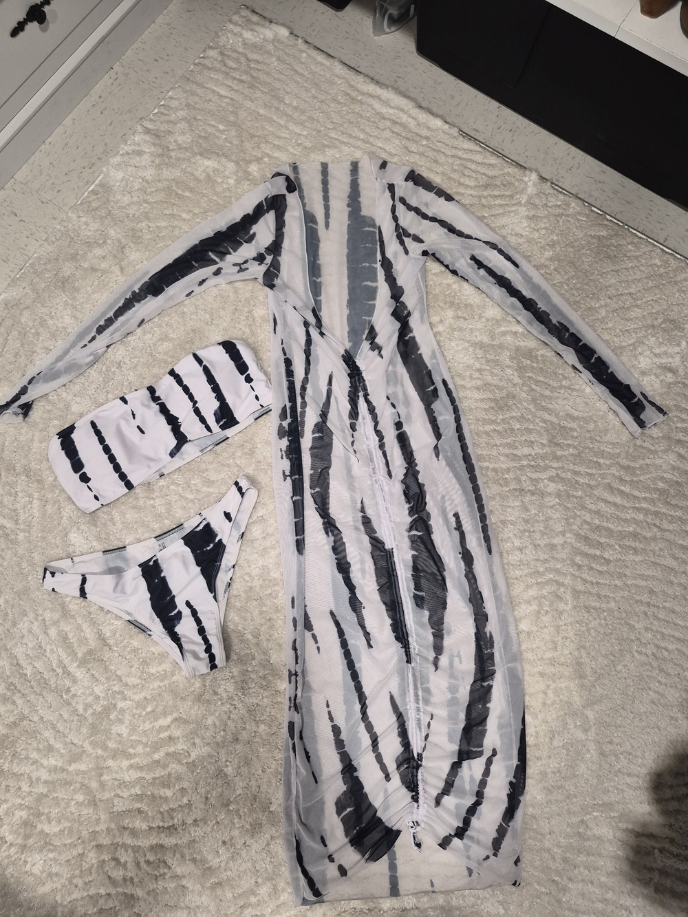 Womans Three-Piece Swim Set — Black and White Tie-Dye